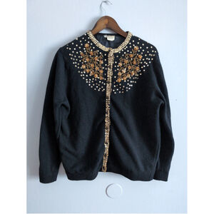 Vintage Lambs Wool Beaded Dainty Black Women Sweater Sz M/L Grandmacore Oldmoney